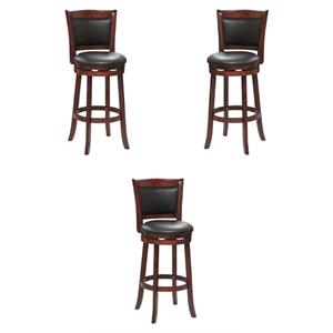 Pemberly Row Faux Leather Bar Stool Set with Wood Base in Dark Cherry - Set of 3