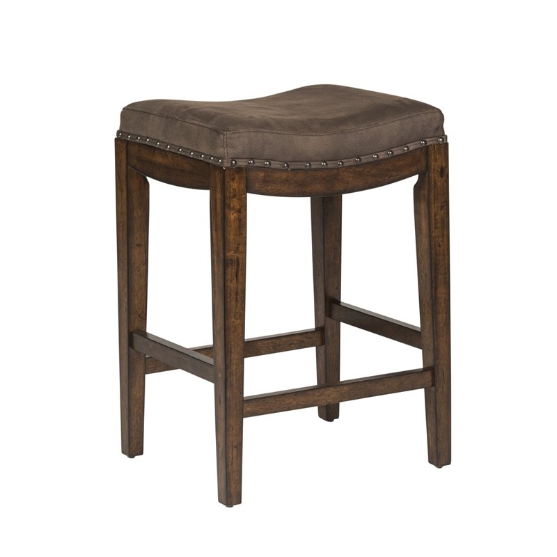 Pemberly Row Upholstered Saddle Wood BarStool in Walnut Gray - Set of 3