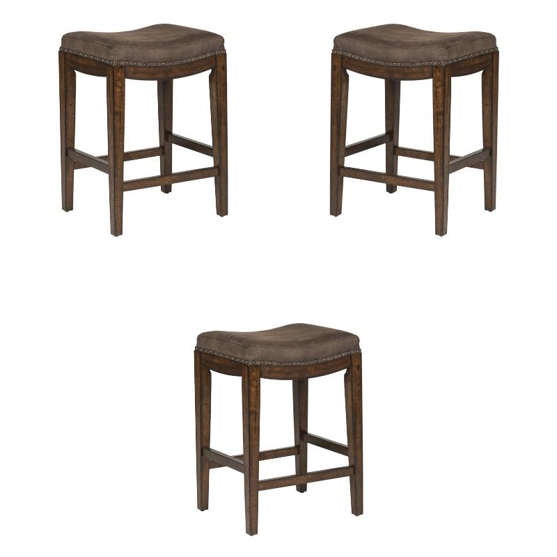 Pemberly Row Upholstered Saddle Wood BarStool in Walnut Gray - Set of 3