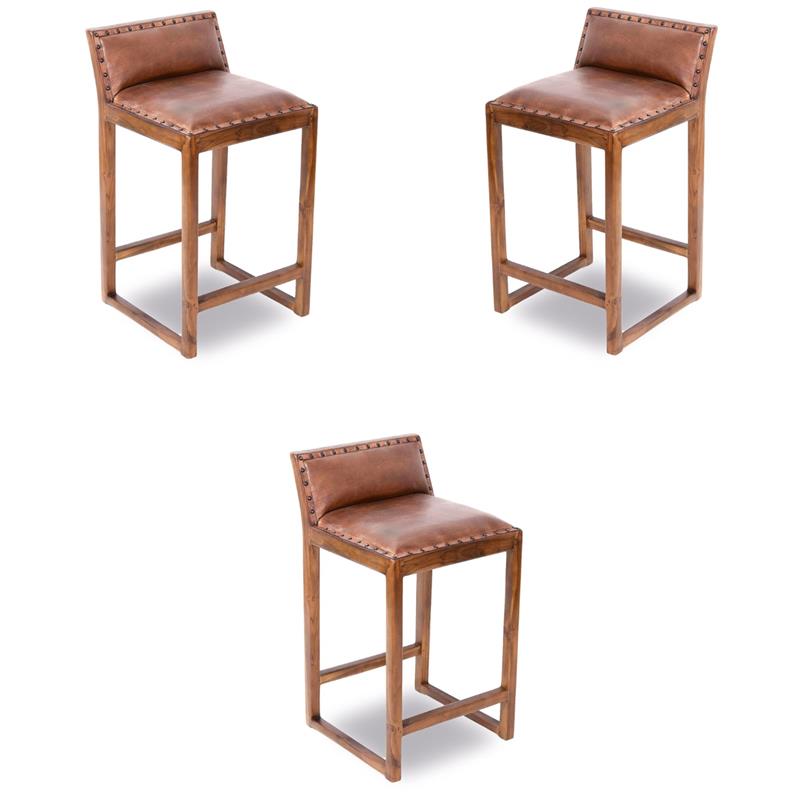 Pemberly Row Mid Century Modern Leather Counter Stool in Cognac Tan - Set of 3