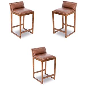 Pemberly Row Mid Century Modern Leather Counter Stool in Cognac Tan - Set of 3