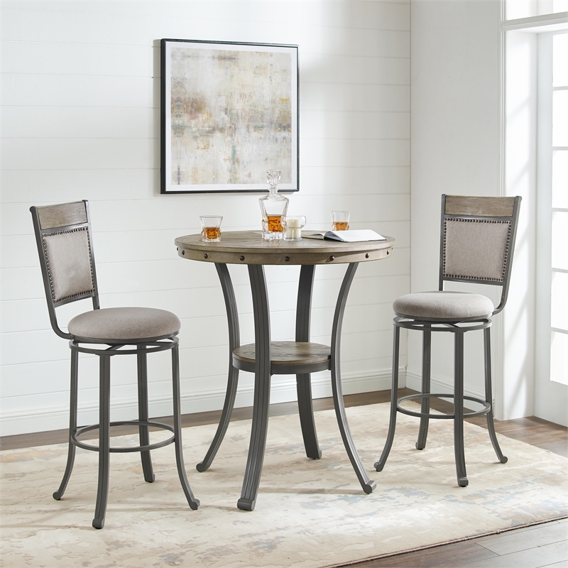 Pemberly Row Upholstered Bar Stool Set with Metal Base in Pewter - Set of 3