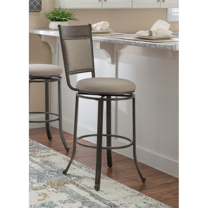 Pemberly Row Upholstered Bar Stool Set with Metal Base in Pewter - Set of 3
