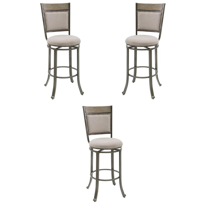 Pemberly Row Upholstered Bar Stool Set with Metal Base in Pewter - Set of 3
