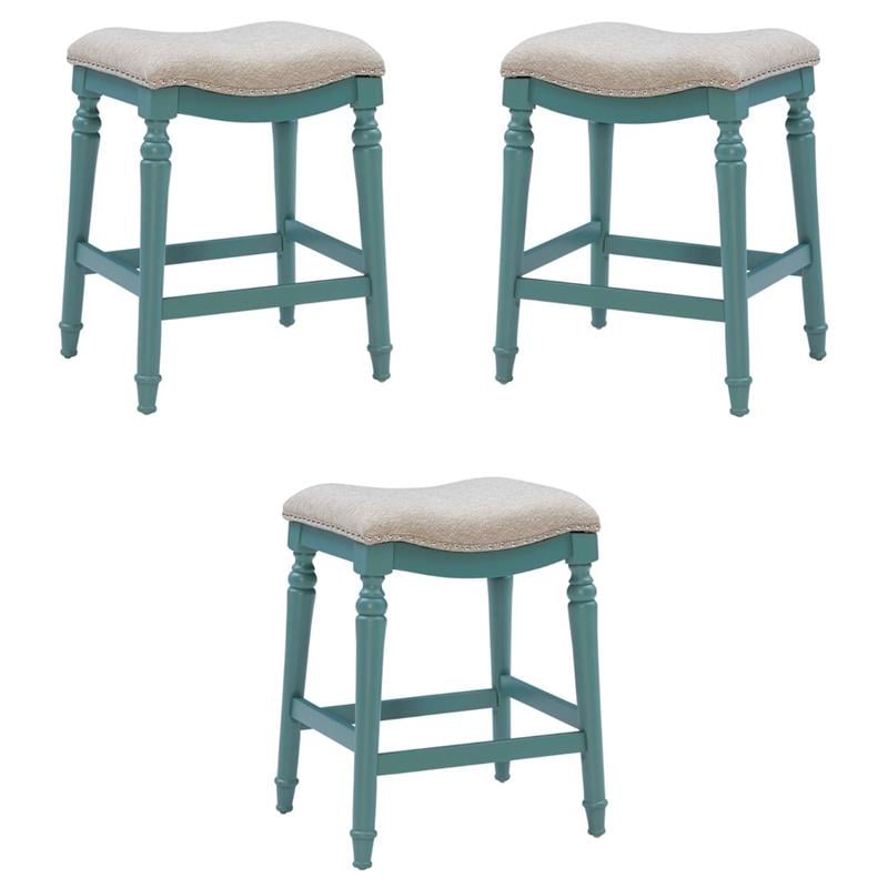 Pemberly Row Saddle Polyester Upholstery Wood Counter Stool in Blue - Set of 3
