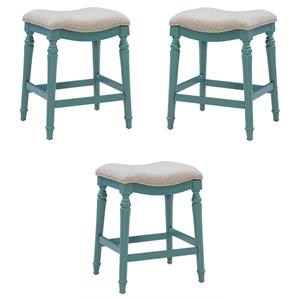 Pemberly Row Saddle Polyester Upholstery Wood Counter Stool in Blue - Set of 3