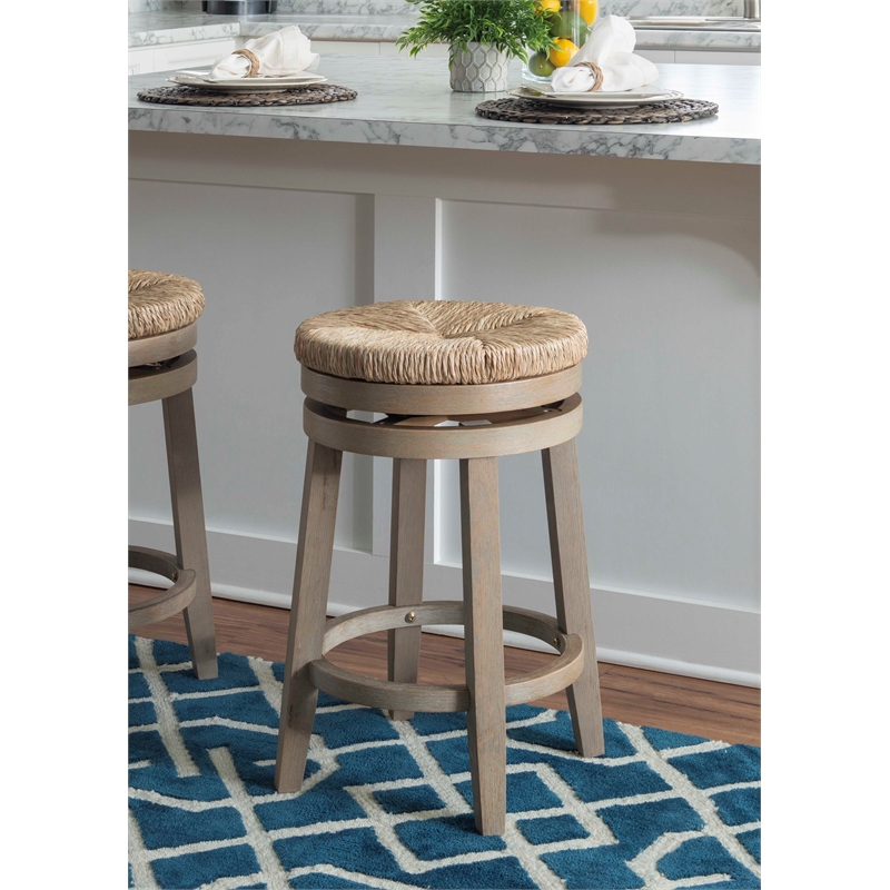 Pemberly Row Solid Wood Swivel Rush Counter Stool in Natural Brown - Set of 3
