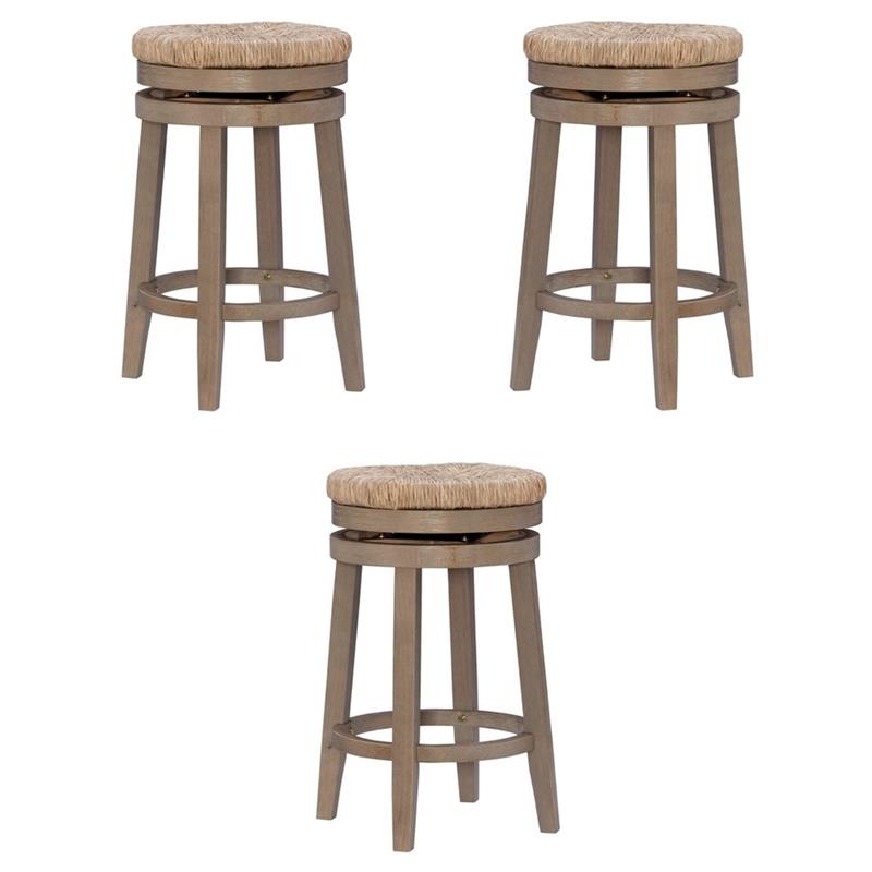 Pemberly Row Solid Wood Swivel Rush Counter Stool in Natural Brown - Set of 3
