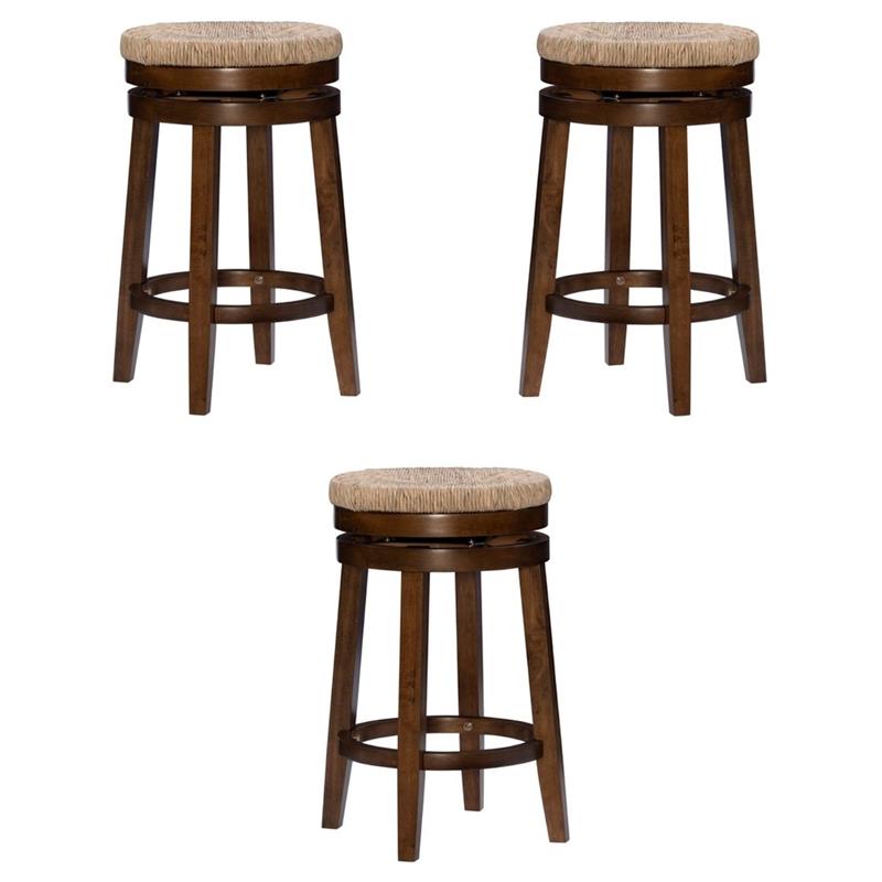 Pemberly Row Solid Wood Swivel Rush Counter Stool in Walnut Brown - Set of 3