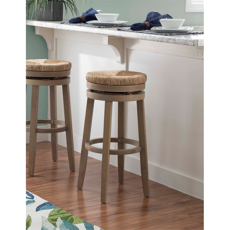 Pemberly Row Solid Wood Swivel Rush Bar Stool in Natural Brown - Set of 3