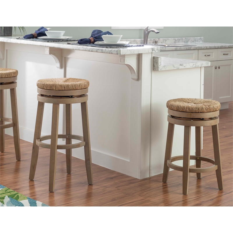 Pemberly Row Solid Wood Swivel Rush Bar Stool in Natural Brown - Set of 3