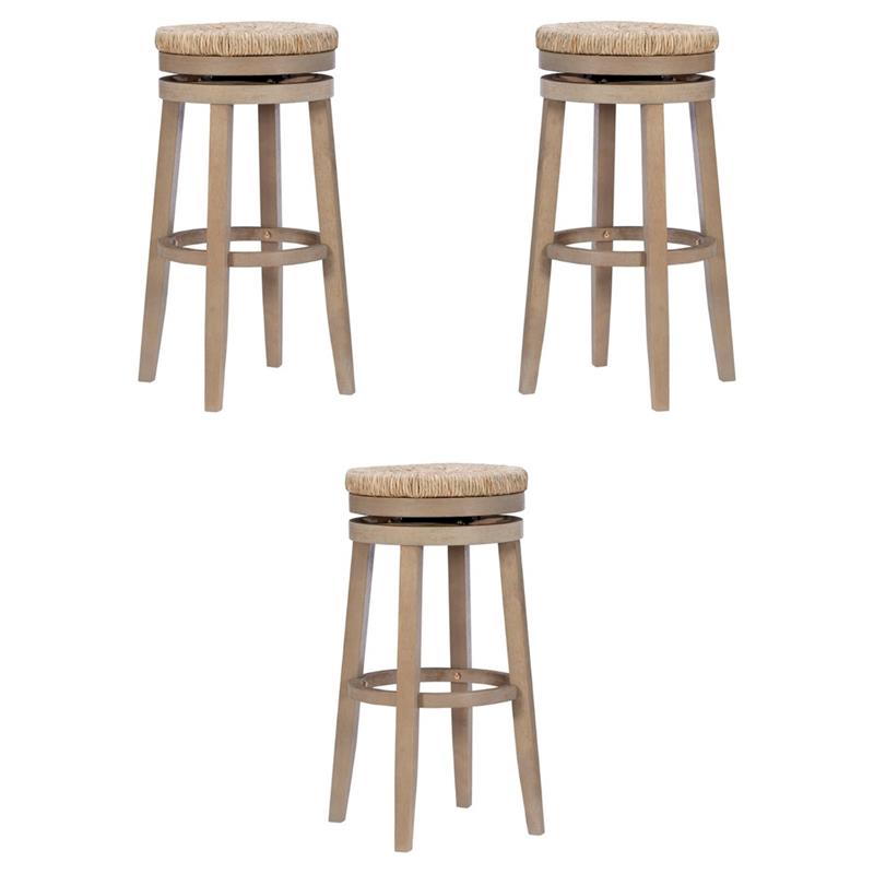 Pemberly Row Solid Wood Swivel Rush Bar Stool in Natural Brown - Set of 3