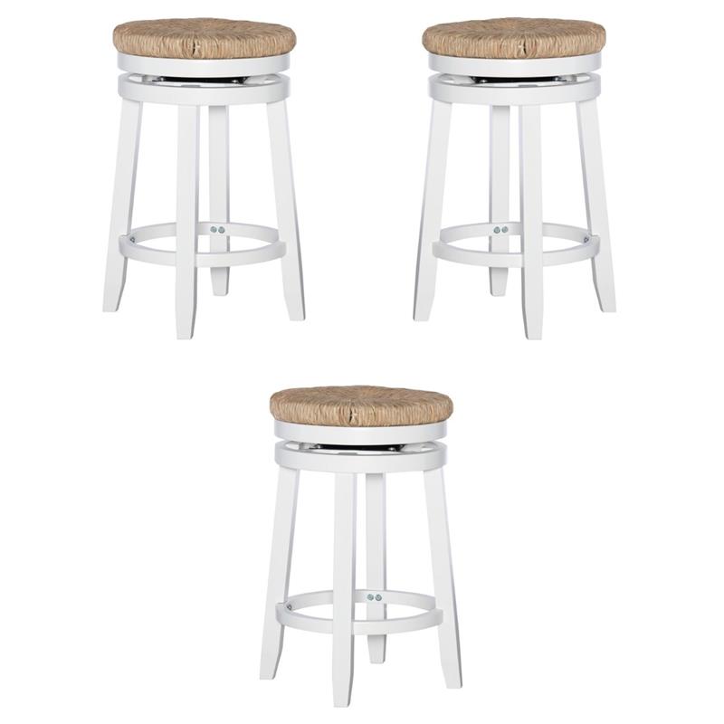 Pemberly Row Swivel Rush Wood Counter Stool in White - Set of 3