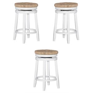 Pemberly Row Swivel Rush Wood Counter Stool in White - Set of 3