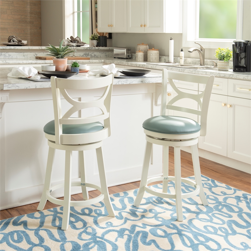 Pemberly Row Swivel Wood Counter Stool Set with PU Seat in Cream - Set of 3