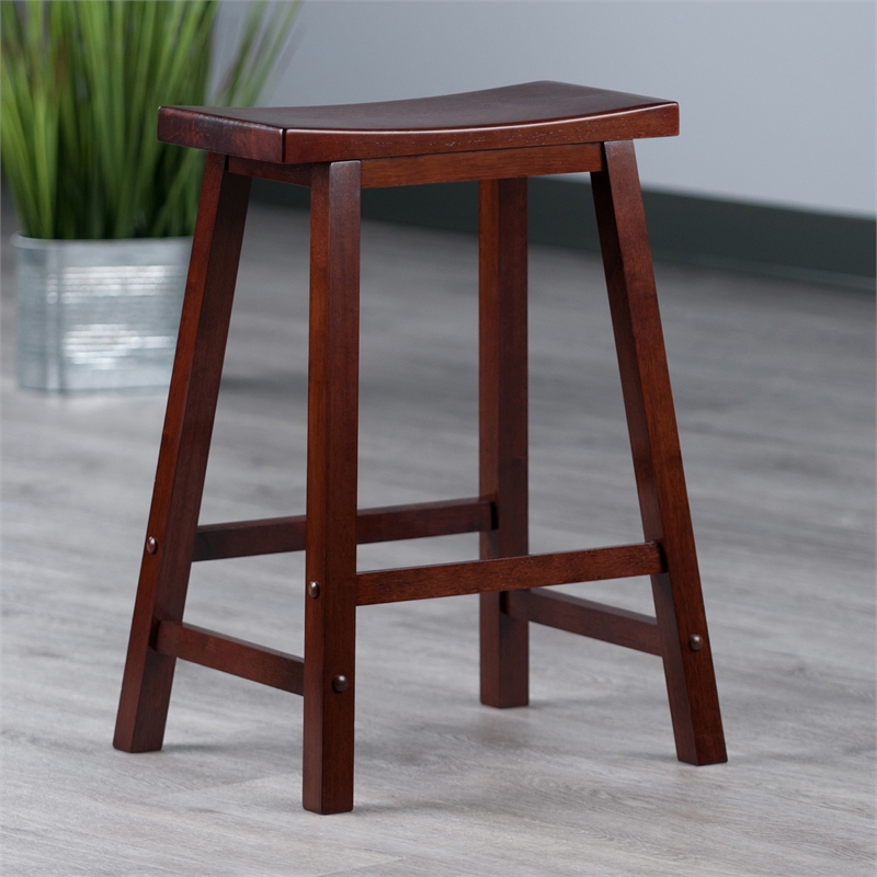 Pemberly Row Solid Wood Saddle Seat Counter Stool in Antique Walnut - Set of 3