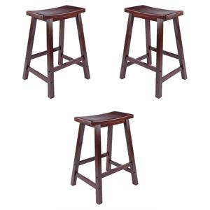 Pemberly Row Solid Wood Saddle Seat Counter Stool in Antique Walnut - Set of 3