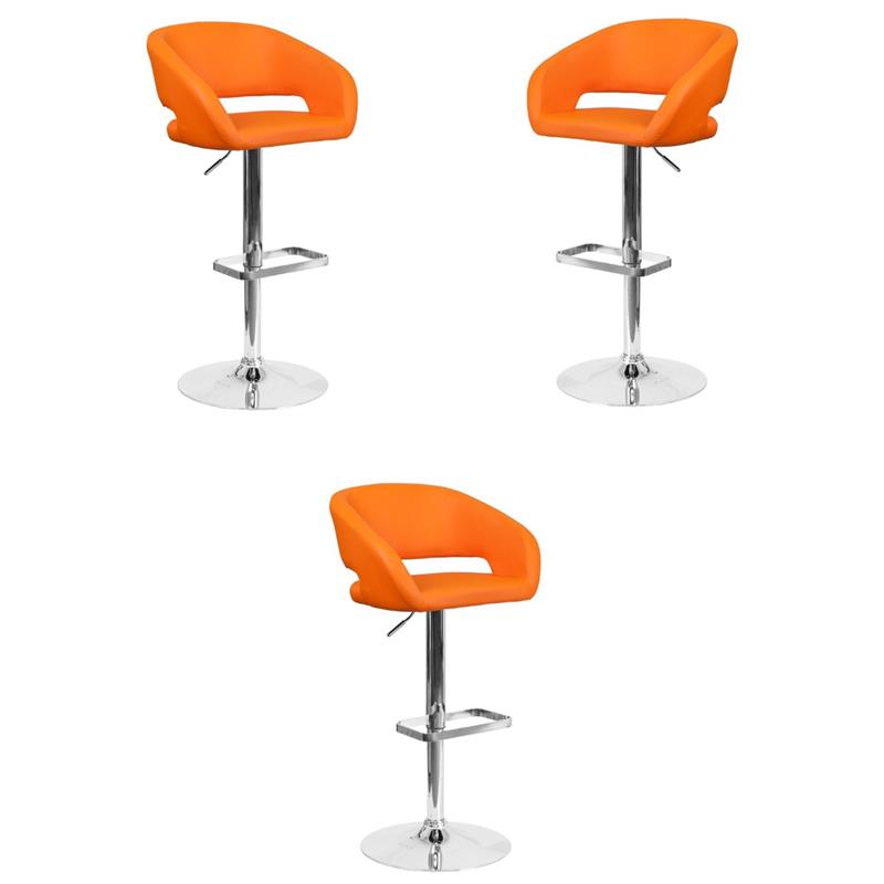 Pemberly Row Faux Leather Adjustable Bar Stool in Orange Finish - Set of 3
