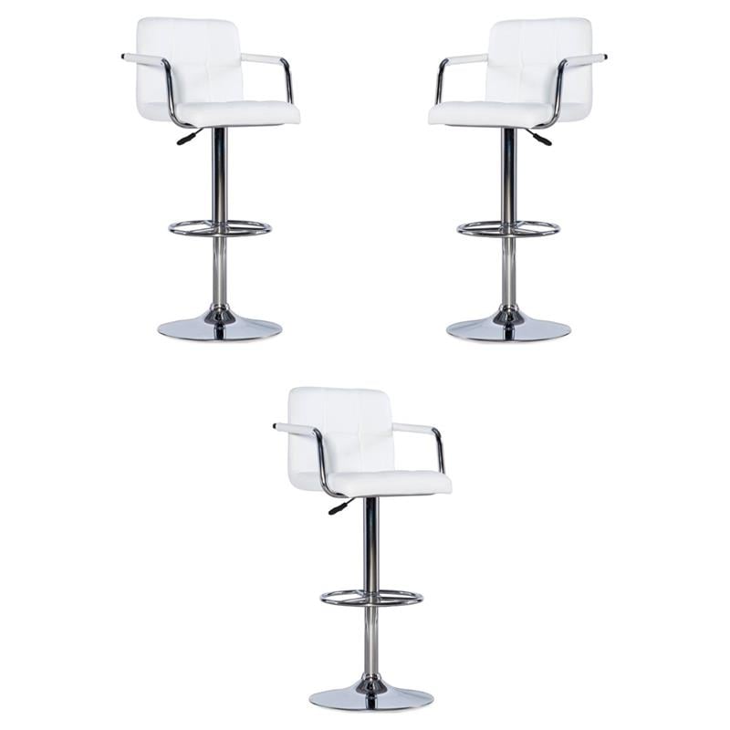 Pemberly Row Quilted Back Metal Swivel Bar Stool in Chrome and White - Set of 3