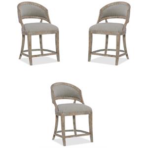 Pemberly Row Fabric Barrel Back Counter Stool in Soft Gray - Set of 3