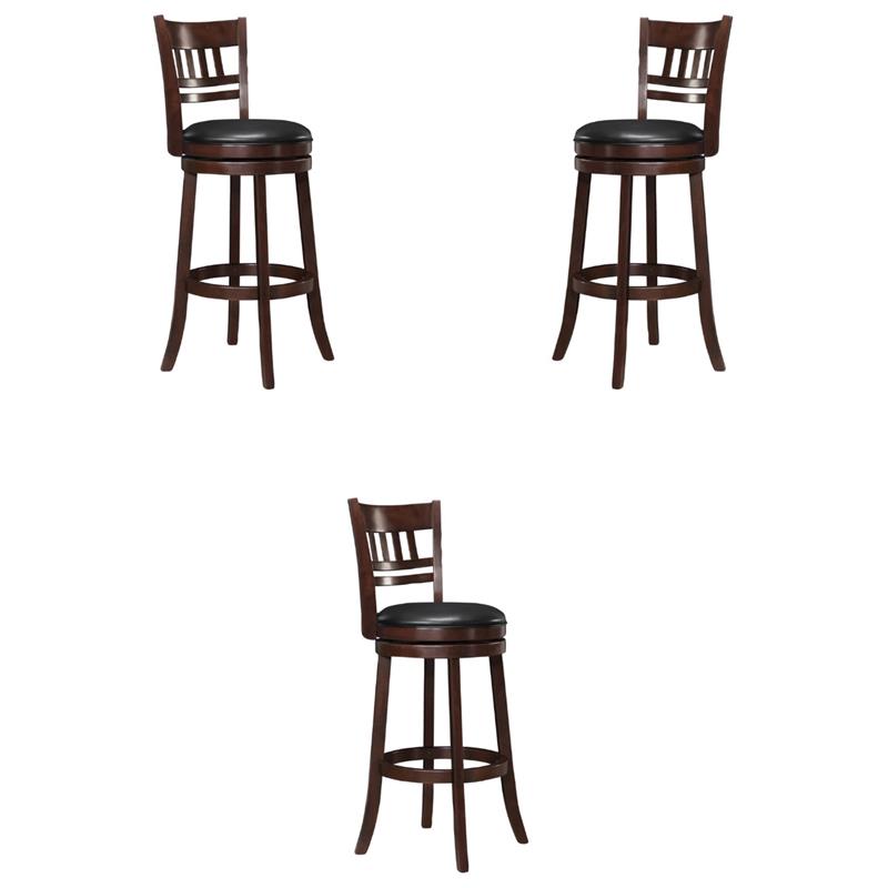 Pemberly Row Faux Leather Swivel Bar Stool in Dark Cherry - Set of 3