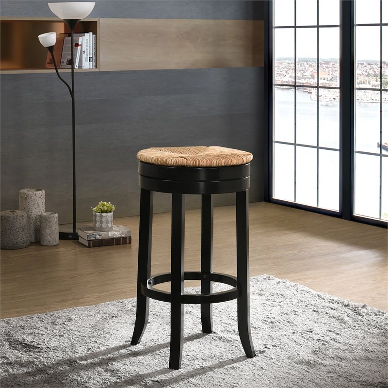 Pemberly Row Swivel Rush Seat Bar Stool in Antique Black - Set of 2