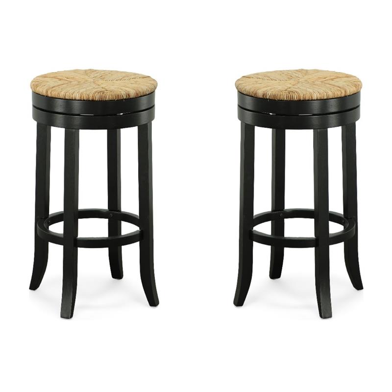 Pemberly Row Swivel Rush Seat Bar Stool in Antique Black - Set of 2