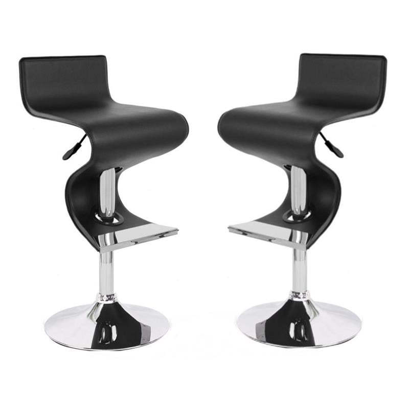 Pemberly Row Faux Leather Adjustable Bar Stool in Black - Set of 2