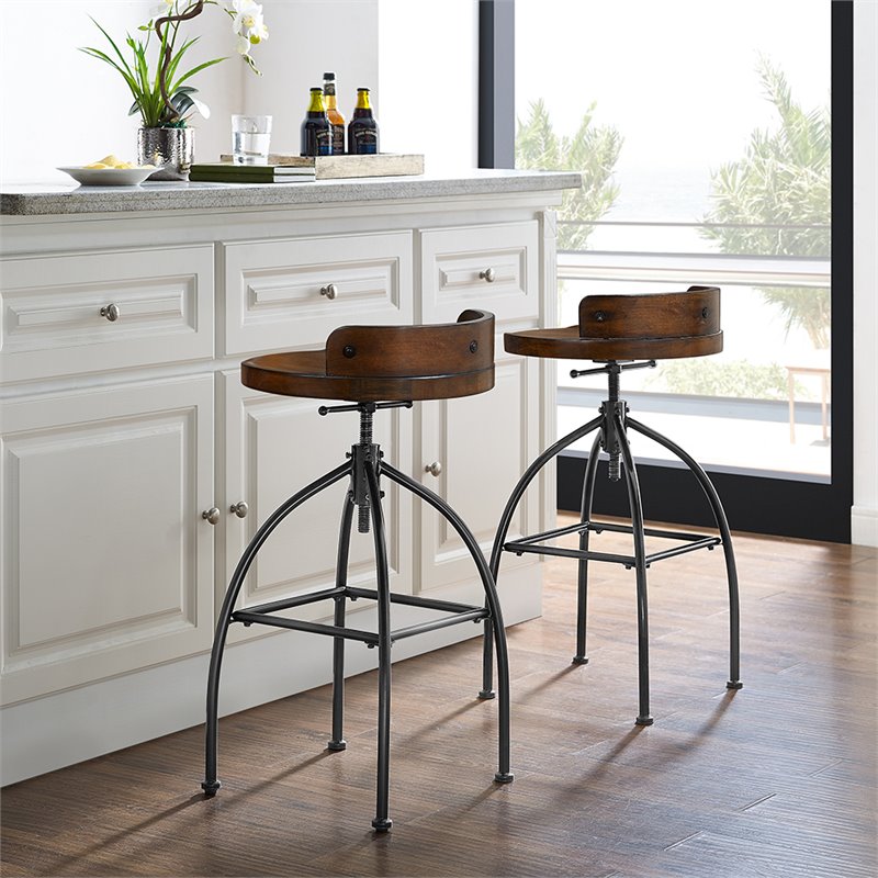 Pemberly Row Adjustable Bar Stool in Natural and Black - Set of 2