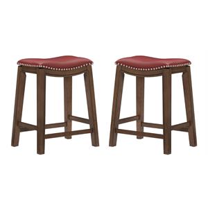 Pemberly Row 24&quot Faux Leather Saddle Counter Stool in Red - Set of 2