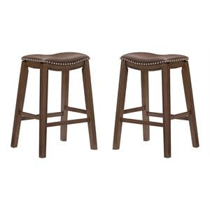 Pemberly Row 29&quot Upholstered Faux Leather Saddle Bar Stool in Brown - Set of 2