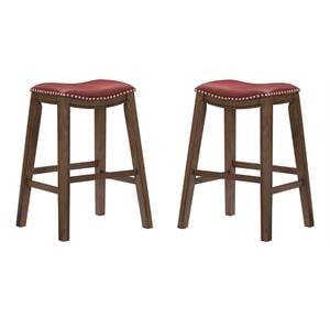 Pemberly Row 29&quot Upholstered Faux Leather Saddle Bar Stool in Red - Set of 2