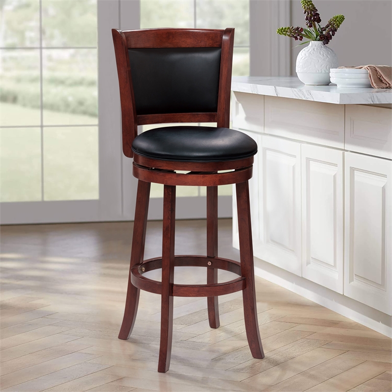 Pemberly Row Faux Leather Bar Stool Set with Wood Base in Dark Cherry - Set of 2