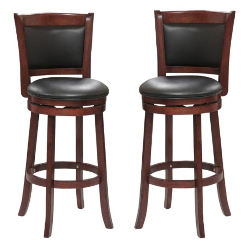 Pemberly Row Faux Leather Bar Stool Set with Wood Base in Dark Cherry - Set of 2