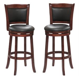 Pemberly Row Faux Leather Bar Stool Set with Wood Base in Dark Cherry - Set of 2