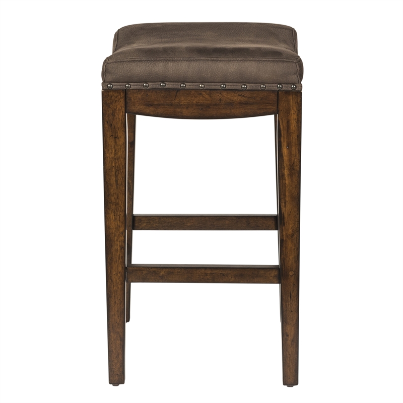 Pemberly Row Upholstered Saddle Wood BarStool in Walnut Gray - Set of 2