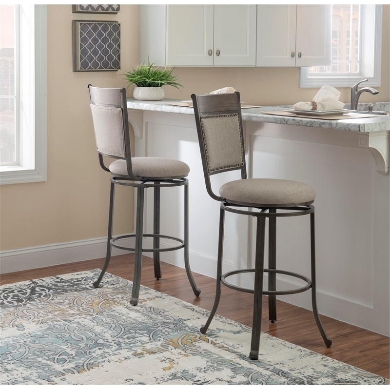 Pemberly Row Upholstered Bar Stool with Metal Base in Pewter - Set of 2