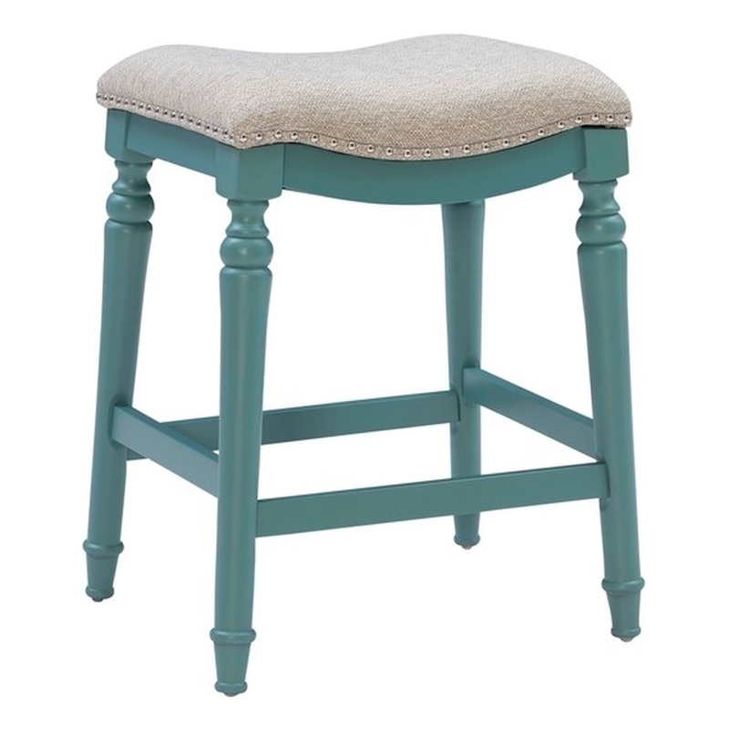 Pemberly Row Saddle Polyester Upholstery Wood Counter Stool in Blue - Set of 2