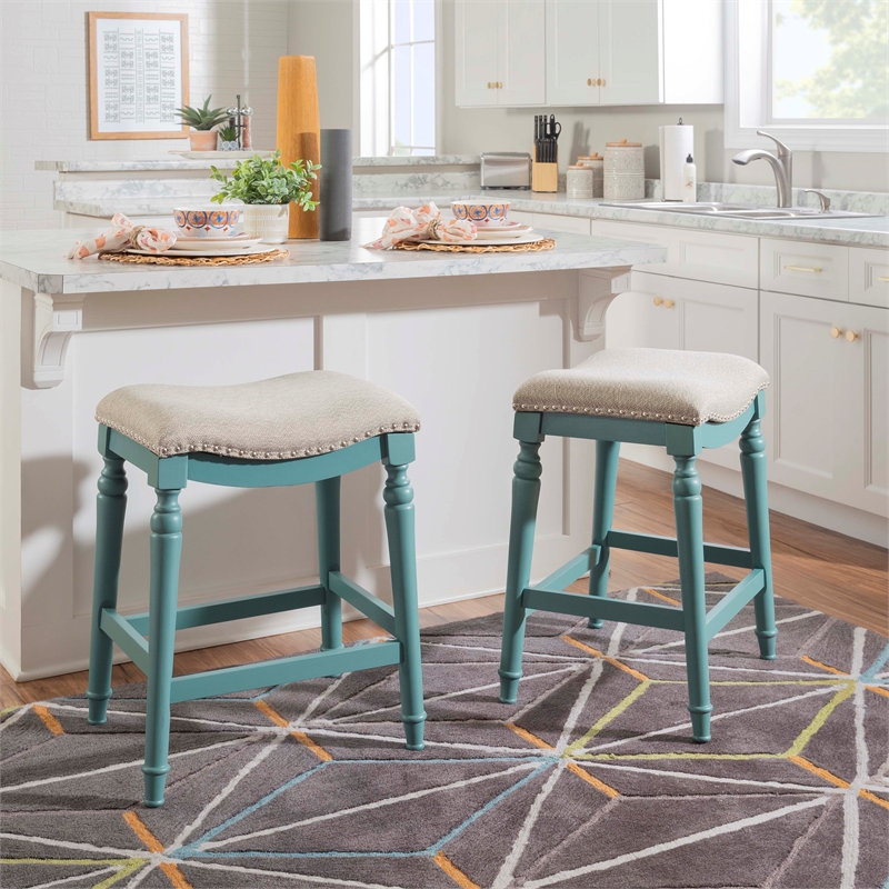 Pemberly Row Saddle Polyester Upholstery Wood Counter Stool in Blue - Set of 2