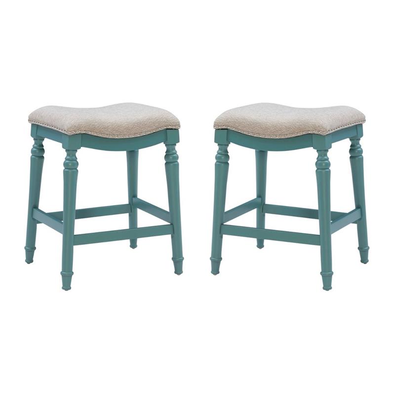 Pemberly Row Saddle Polyester Upholstery Wood Counter Stool in Blue - Set of 2