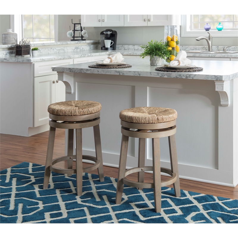 Pemberly Row Solid Wood Swivel Rush Counter Stool in Natural Brown - Set of 2