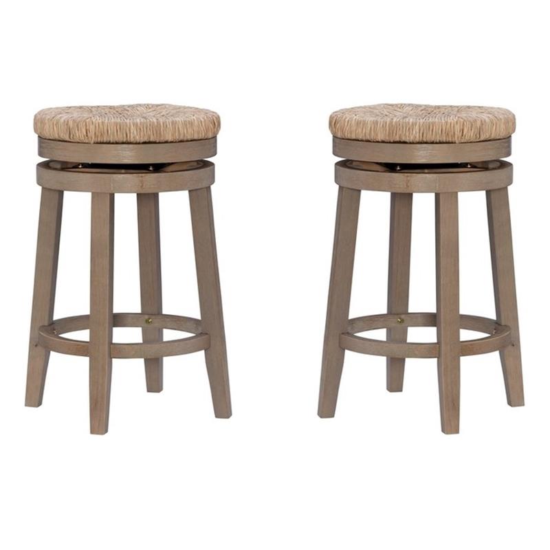 Pemberly Row Solid Wood Swivel Rush Counter Stool in Natural Brown - Set of 2