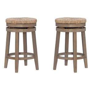 Pemberly Row Solid Wood Swivel Rush Counter Stool in Natural Brown - Set of 2
