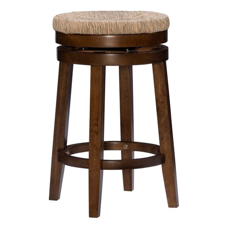 Pemberly Row Solid Wood Swivel Rush Counter Stool in Walnut Brown - Set of 2