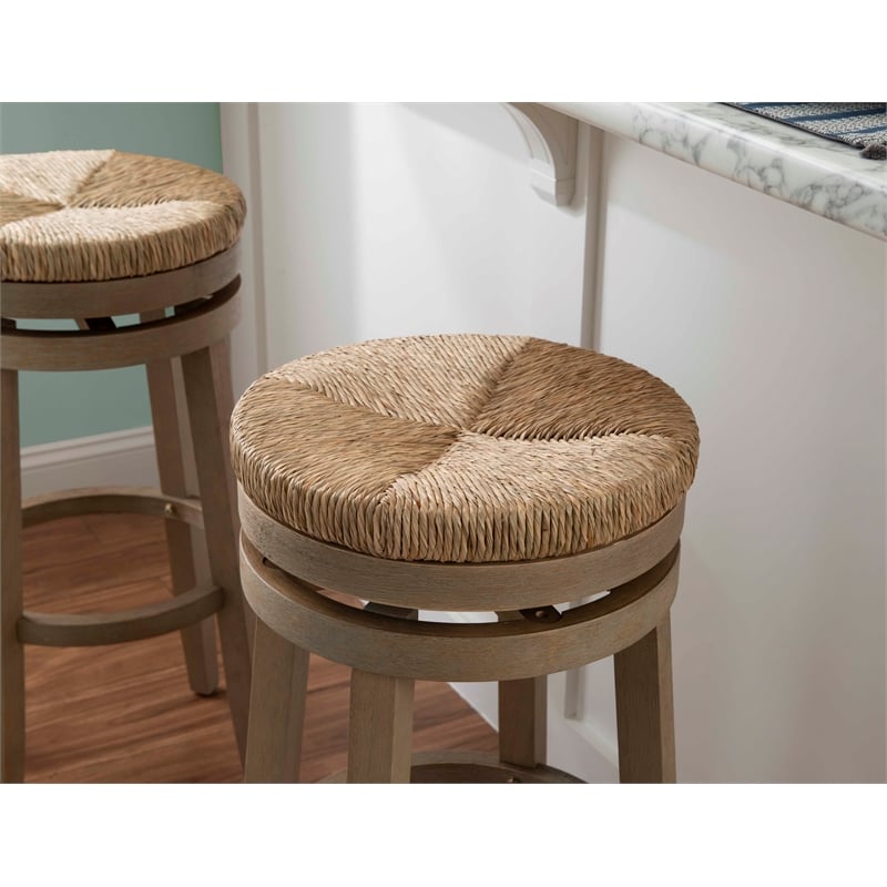 Pemberly Row Solid Wood Swivel Rush Bar Stool in Natural Brown - Set of 2