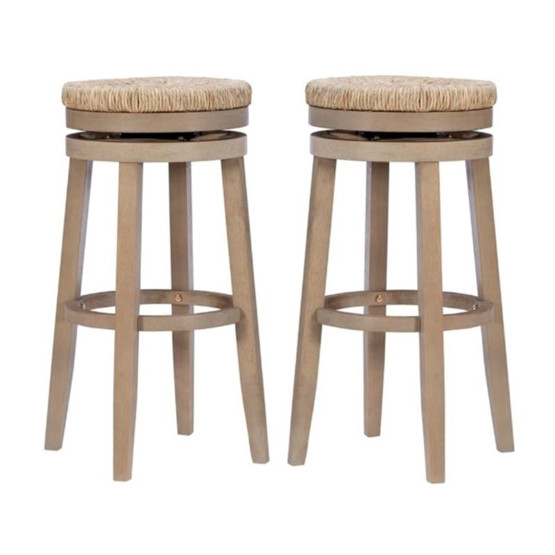 Pemberly Row Solid Wood Swivel Rush Bar Stool in Natural Brown - Set of 2