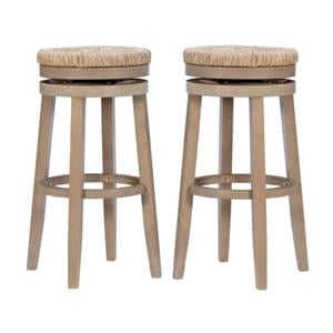 Pemberly Row Solid Wood Swivel Rush Bar Stool in Natural Brown - Set of 2