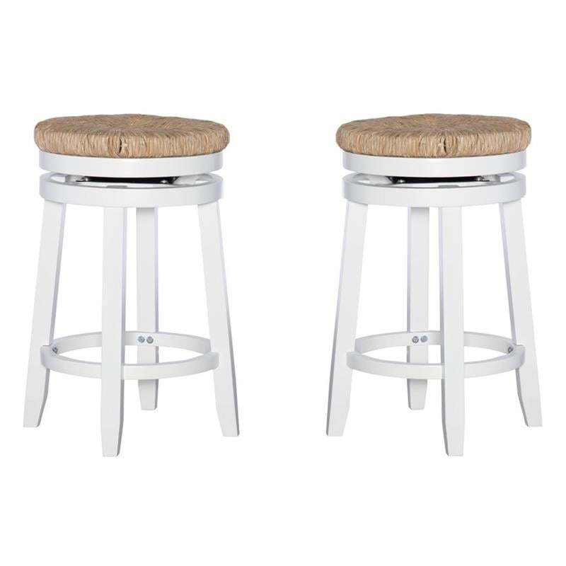 Pemberly Row Swivel Rush Wood Counter Stool in White - Set of 2