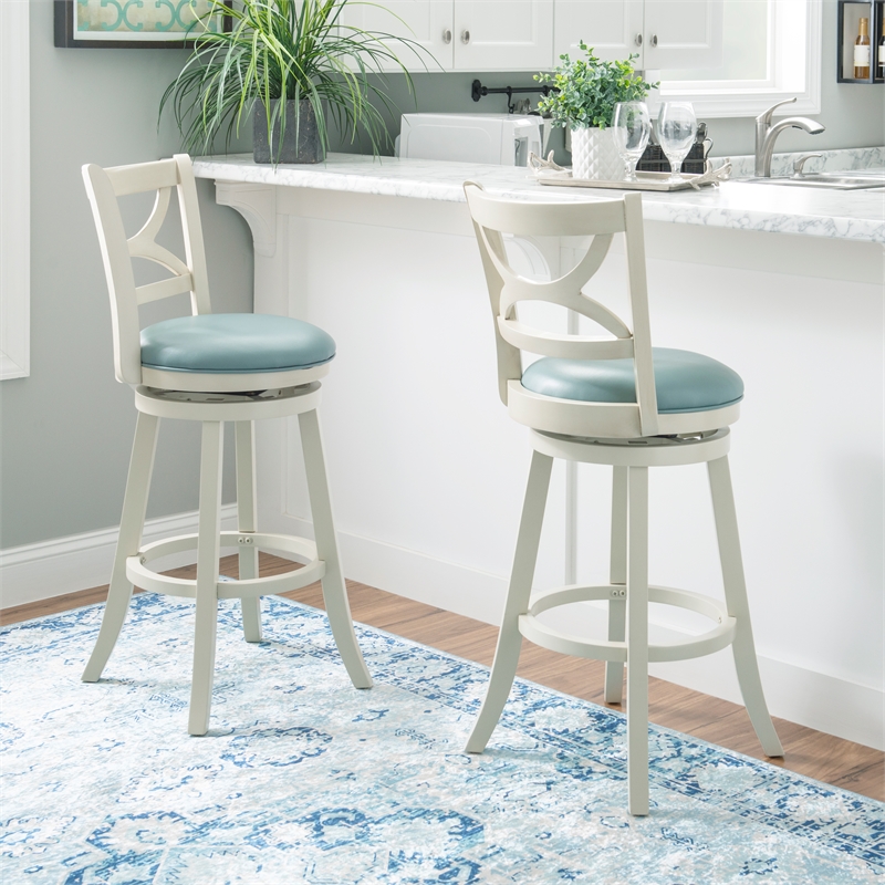 Pemberly Row Swivel Wood Bar Stool with PU Seat in Cream - Set of 2