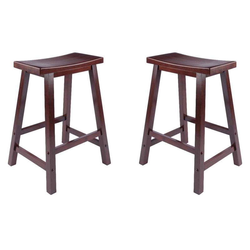 Pemberly Row Solid Wood Saddle Seat Counter Stool in Antique Walnut - Set of 2